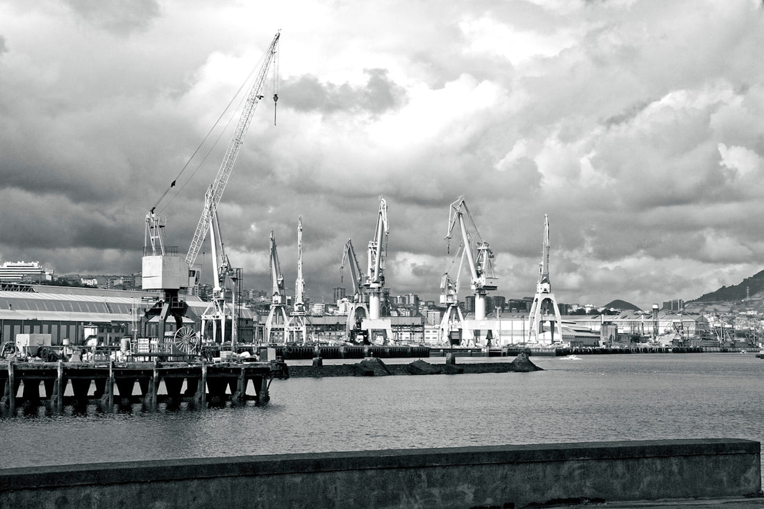 Industrial harbor with cranes and ships under cloudy sky